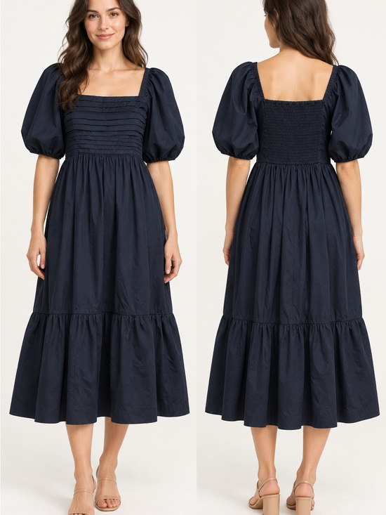 Abercrombie & Fitch Dresses & Skirts - Abercrombie Ruched Puff Sleeve Poplin Midi Dress Navy Medium